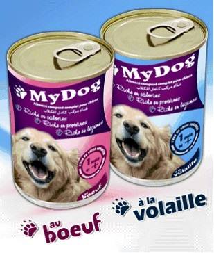  Aliment Pour Chien Au Boeuf Ou La Volaille - aliments pour animaux 1/ définition du produit - aliment pour chien à base de viande et sous-produit de volailles,  cuit,  conditionné sous forme de boite de conserve.----2/ conditionnement - type - boite de conserve poids - 0.400 kg----3/ emballage - type - carton / 8 boites par carton.----4/ dlc - 1 