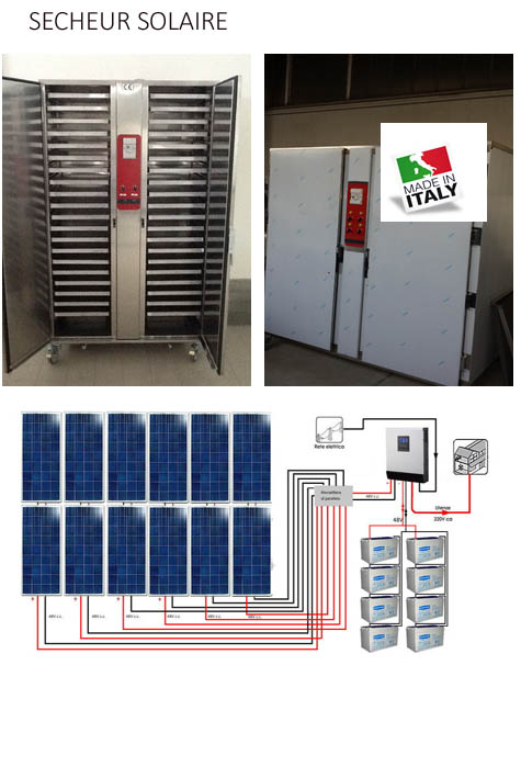  Secheur Solaire - matériels machines machine professionnelle avec séchage à température contrôlée.--grille de support--système de chauffage à résistances blindées--trois ouvertures (deux avec des ventilateurs elocoidali et une avec ventilateur tangentiel)--sonde thermostat--