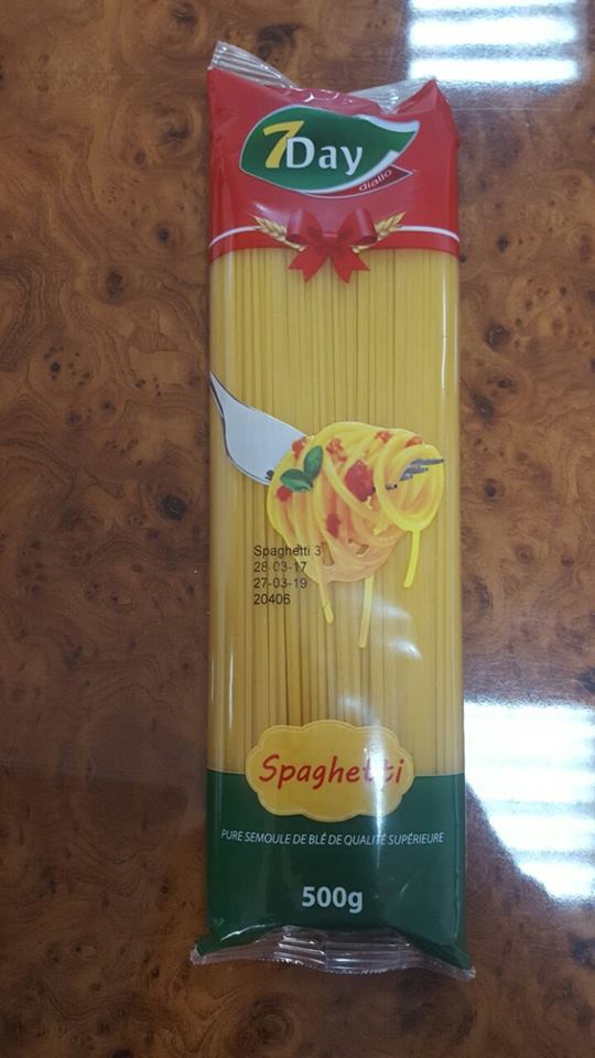  Spaghetti - féculents spaghetti de la tunisie a 100% bl&eacute; dur--marque 7day fabriqu&eacute; pour le march&eacute; africain--1.2mm ou 2mm--2700 cartons/ctr 20'--prix de 5euro/carton