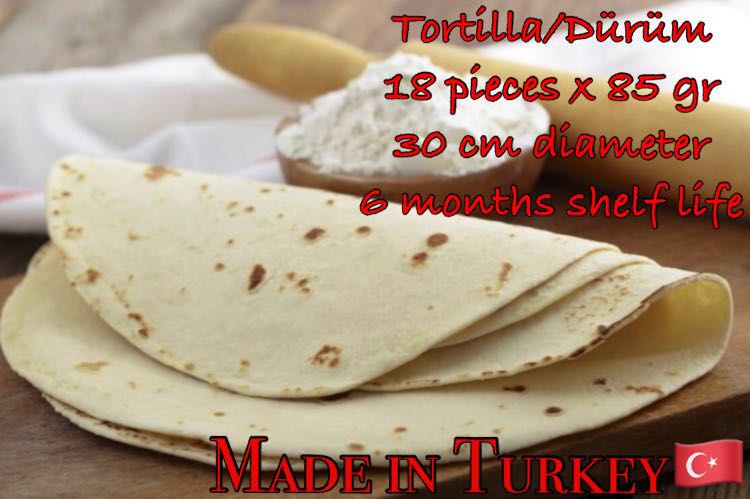  Durum Tortilla - autres bonjour &agrave; tous et &agrave; chacun,  ----pour les grandes,  moyennes et petites surfaces de la restauration ou de fast-food,  nous avons en disponibilit&eacute; des galettes durum tortilla.  30cm de diam&egrave;tre,  85 grammes ou 90 grammes,  emball&eacute;s par 18 dans un carton de 10. exp&eacute