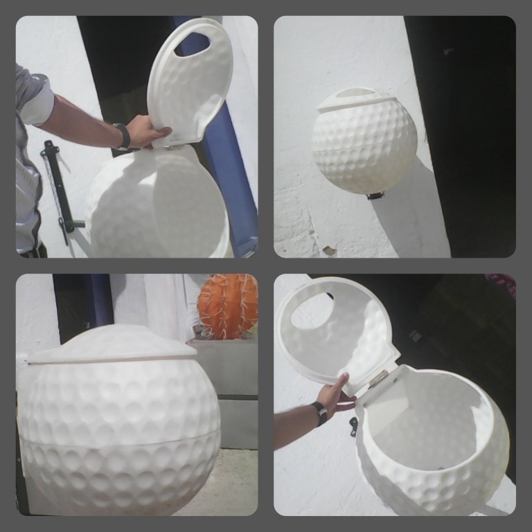  Poubelle Murale En Forme De Balle De Golf 50l - publicité-nouveaux produits poubelle murale ou avec support de sol très robuste en forme de balle de golf volume -50 l. dimensions - 50cmhx50cm d fabriquée en polyéthylène haute densité. monobloc avec couvercle fabriquée en polyéthylène haute densité anti uv. teint