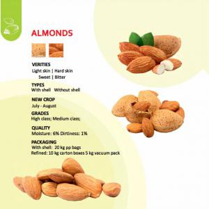  Amandes Décortiquées - fruits secs et graines grillées nous vous proposons des amandes d&eacute;cortiqu&eacute;es &agrave; des prix tr&egrave;s comp&eacute;titifs.--notre soci&eacute;t&eacute; est sp&eacute;cialis&eacute;e dans la promotion et la commercialisation de produits agroalimentaires ouzbeks (ouzb&eacute;kistan). via notre maison m&egrave;re en