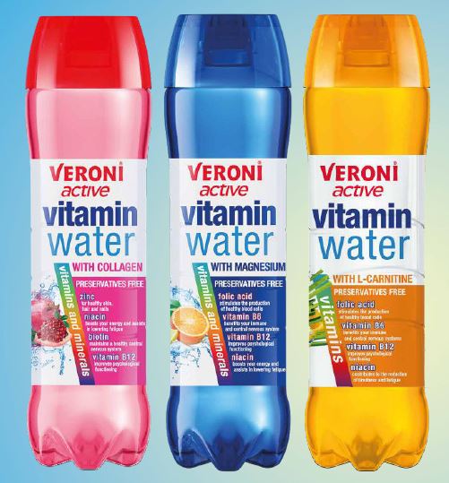  Veroni Vitamin Water 70 Cl - boissons non alcolisée veroni active vitamin water est une boisson plate destin&eacute;e aux personnes actives qui souhaitent prendre soin de leur sant&eacute;. il y a trois saveurs- citron-orange avec mangnesium,  raisin-grenade doux avec collag&egrave;ne et zinc,  citronnelle-orange avec l-carnitine. il y a de la vitamine