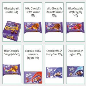 Milka 100 - sweet fresh milka --origin poland--all taste ----milka daim 22x100g--milka cowspot 23x100g--milka dessert 22x100g--milka caramel 23x100g--milka alpine milk 24x100g--milka hazelnut 22x100g--milka raisin nut 22x100g--milka chips ahoy 22x100g--milka milk with rice crisp 20x100g--milka oreo 22x100g--milka str