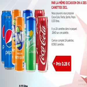Meilleur prix !! Livraison sans prépaiement !!  - boissons non alcolisée  par la meme occasion on a des canettes 33cl-- nous pouvons vous propose coca-cola,  fanta,  sprite,  pepsi  0, 33 litres.prix 0, 28 € -- il y a 24 canettes dans le paquet. -- 2640 sur une palette. -- camion complet 24 palettes,  63360 canettes.--meilleur prix !! livraison sans prépaiement !!--nous