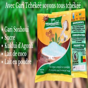  Gari Amélioré Tchékéé - féculents c'est un gari amélioré au lait de coco,  au lait en poudre,  à la galette d'arachide et au sucre. c'est un gari à haute valeur nutritionnelle