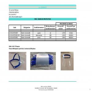  Protection Par Une Visière Universelle - hygiene entretien descriptif--visière souple,  transparente et réglable. --caractéristiques --epaisseur de *pet 0.25 mm,  circonférence minimum de 18.50 cm,  réglage facile,  pour tous types de tete avec son système d’élastique à l’arrière. large et longue pr