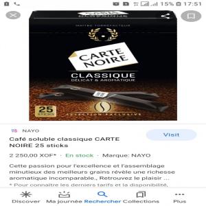  Café Carte Noire - café cacao thé je lance une recherche de café carte noire en moulu classique instantané stick et en bocal de 100g.--je cherche jusqu'à 100 palettes disponibles et dluo lointain.--prière de le contacter vite si dispo