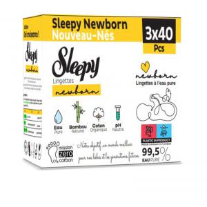  Lingette Newborn - hygiene entretien sleepy lingettes newborn,  composée à 99.5% d'eau pure et sans parfum ni alcool,  utilisables dès la naissance lot de 3x40 lingettes (total 120 lingettes)