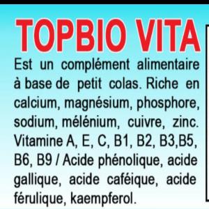  Topbio Vita - autres *topbio vita* est un compl&eacute;ment alimentaire &agrave; base de petit colas. riche en calcium magn&eacute;sium phosphore sodium s&eacute;l&eacute;nium cuivre zinc. vitamine a e c b1 b2 b3 b5 b6 b9 acide ph&eacute;nolique acide gallique acide cafeique acide f&eacute;rulique