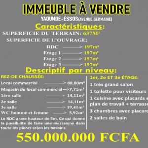  Immeuble Vendre Yaoundé, Essos, - mine terrain concession à vendre - immeuble commercial à yaoundé,  essos,  avenue germaine--prix - 550.000.000 fcfa--superficie du terrain - 637 m²--découvrez cet immeuble commercial de 03 niveaux,  une toile vierge prete à etre aménagée selon vos besoins ---rez-de-chauss&eacut