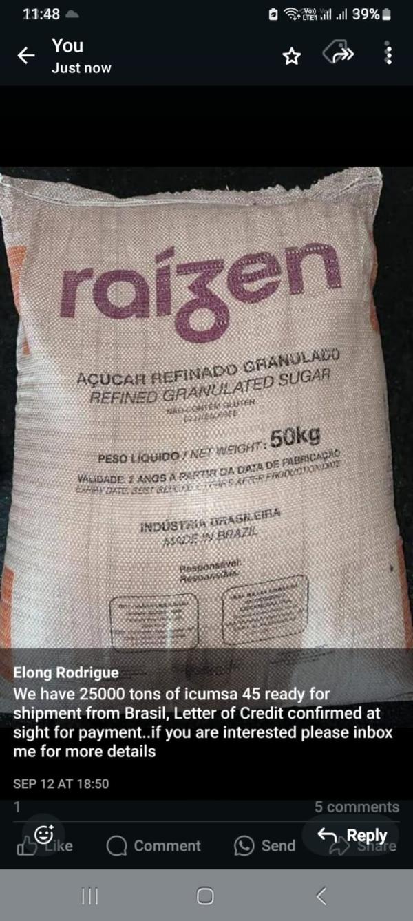  Sucre Icumsa 45 Brésil - produits sucrés  je met en vente une grande quantit&eacute; de sucre icumsa 45 origine br&eacute;silien avec un prix de 430 usd/tonne. la quantit&eacute; minimale de commande est 10 containers les modalit&eacute;s de paiement sont comme suit 30 % t/t &agrave; la r&eacute;ception du contrat sign&eacut