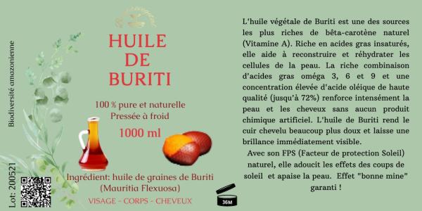  Huile De Buriti - huiles issue de la riche biodiversit&eacute; amazonienne l'huile de buriti est riche en b&eacute;ta carot&egrave;ne naturel. elle rend le cuir chevelu doux et laisse une brillance ensoleill&eacute;e au cheveux. avec l'huile de buriti sur le corps et le visage l'effet bonne mine est garanti. le bronzag