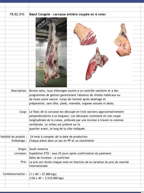  Bœuf Carcasse Entière Coupée En Coupes - viandes et oeufs viandes en carcasse b&oelig;uf congel&eacute; carcasse enti&egrave;re coup&eacute;e en 3 coupes provenance br&eacute;sil minimum 3500 kg par mois avec un contrat x 12 mois offre de prix cif rdc usd 4 890/mt grad&eacute; a/b paiement uniquement sblc banque ue