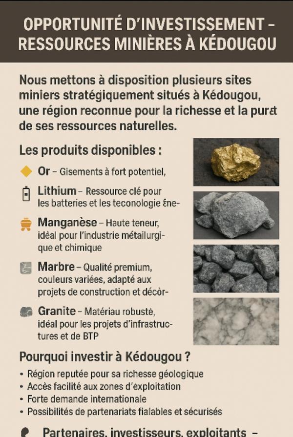  Des Minières Kédougou - mine terrain concession  opportunit&eacute; d’investissement – ressources mini&egrave;res &agrave; k&eacute;dougou nous mettons &agrave; disposition plusieurs sites miniers strat&eacute;giquement situ&eacute;s &agrave; k&eacute;dougou une r&eacute;gion reconnue pour la richesse et la puret&eacute; de ses ressources nat
