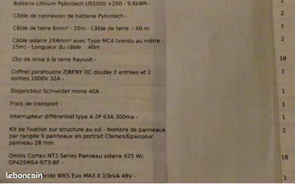  Kit Complet Panneaux Photovoltaïques Solaire - matériels machines kit complet solaire panneaux photovoltaïques. occasion tr&egrave;s bon &eacute;tat jamais install&eacute;. achet&eacute;e en ao&ucirc;t 2023. batterie lithium 9 6kwh. total 7kwc659 sur 18 panneaux de 425 wc. descriptif complet en photo. a retirer sur place.