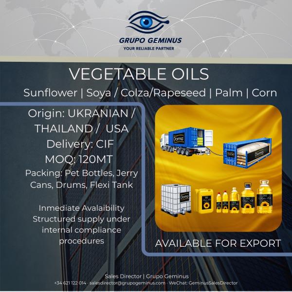  Huiles Végétales Palme, Tournesol Et Soja - huiles la demande mondiale en huiles v&eacute;g&eacute;tales ne se r&eacute;sume pas au prix. elle repose sur la **fiabilit&eacute; la continuit&eacute; et la capacit&eacute; d ex&eacute;cution** chez **grupo geminus** nous structurons et fournissons des programmes d huiles v&eacute;g&eacute;tales