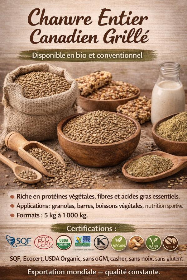 Chanvre Entier Grillé Vrac Bio Et Conv Canada - fruits secs et graines grillées chanvre entier canadien grill&eacute; disponible en bio et conventionnel. riche en prot&eacute;ines v&eacute;g&eacute;tales fibres et acides gras essentiels. applications granolas barres boissons v&eacute;g&eacute;tales nutrition sportive. formats 5 kg &agrave; 1 000 kg. certifications 