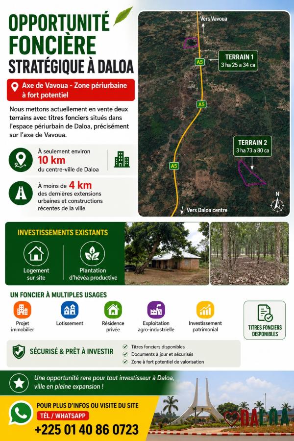  02 Terrains Avec Titres Fonciers Daloa - mine terrain concession nous mettons actuellement en vente deux terrains avec titres fonciers situ&eacute;s dans l’espace p&eacute;riurbain de daloa pr&eacute;cis&eacute;ment sur l’axe de vavoua. ces propri&eacute;t&eacute;s b&eacute;n&eacute;ficient d’un positionnement particuli&egrave;rement strat&eacute;gique &agrav