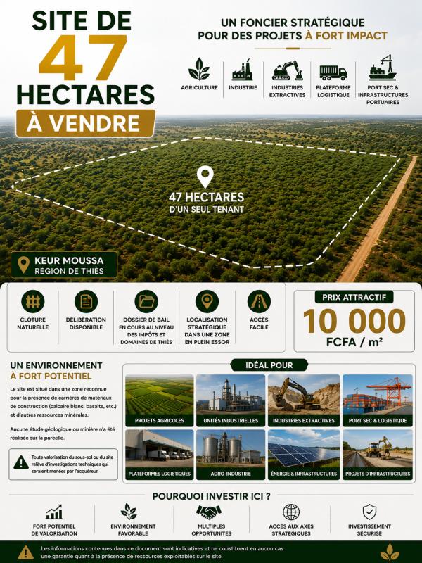  47 Hectares Ceder Keur Moussa Thies - mine terrain concession nous mettons sur le march&eacute; un domaine de 47 hectares id&eacute;alement situ&eacute; &agrave; keur moussa dans la r&eacute;gion de thi&egrave;s. ce bien repr&eacute;sente une opportunit&eacute; rare pour les investisseurs &agrave; la recherche d'un foncier de grande superficie destin&eacut