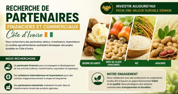  Maïs, Riz, Anacarde, Arachide, Karité - autres recherche de partenaires financiers et commerciaux   c&ocirc;te d'ivoire nous recherchons des partenaires s&eacute;rieux investisseurs importateurs et soci&eacute;t&eacute;s agroalimentaires souhaitant d&eacute;velopper des projets durables en c&ocirc;te d'ivoire. nos principales fili&egrave