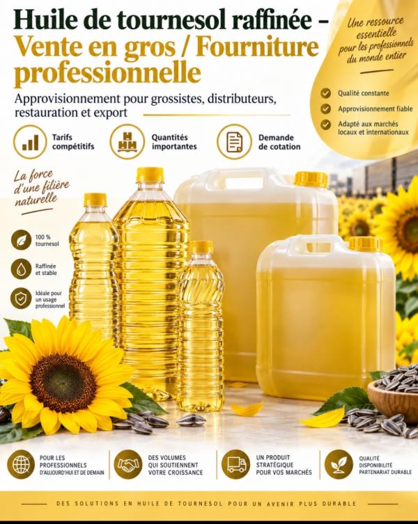  Huile De Tournesol Raffinée Vente - huiles  courtier / interm&eacute;diaire commercial je propose une offre de fourniture en huile de tournesol raffin&eacute;e destin&eacute;e aux professionnels. possibilit&eacute; de fourniture selon disponibilit&eacute; en  palettes quantit&eacute;s professionnelles volumes r&eacute;guli