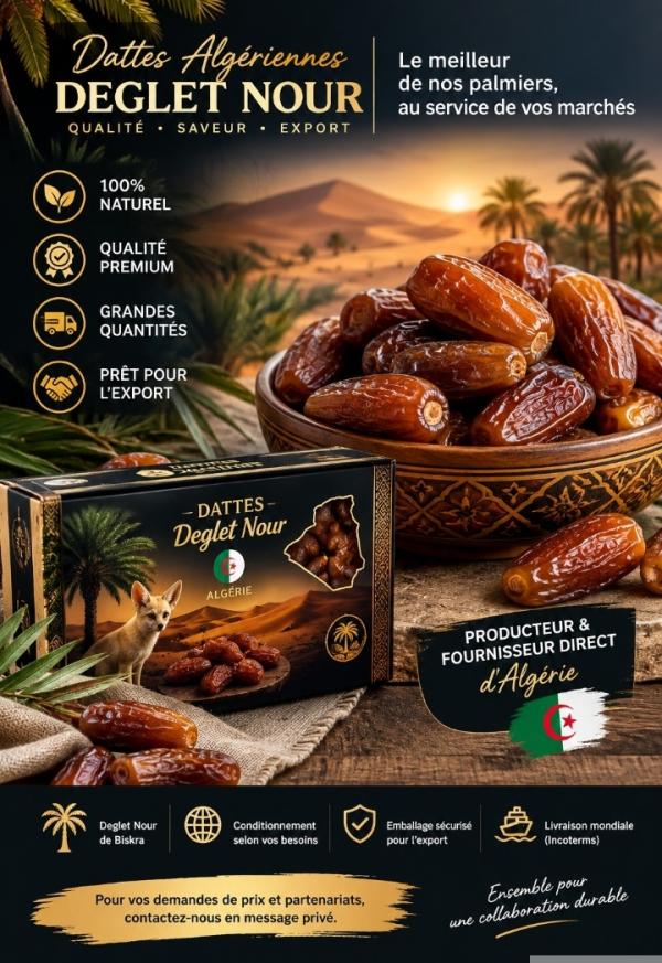  Dattes Deglet Nour De Biskra Grandes Quanti - fruits secs et graines grillées  nous sommes producteur et fournisseur direct de dattes deglet nour de biskra alg&eacute;rie destin&eacute;es aux march&eacute;s internationaux. nous disposons de grandes quantit&eacute;s de deglet nour avec diff&eacute;rents calibres et possibilit&eacute;s de conditionnement selon les 