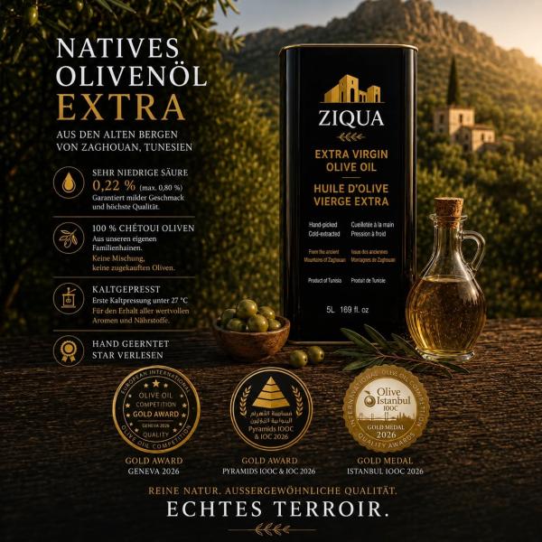  Huile Extra Vierge Tunisienne - huiles huile extra vierge tunisienne medaille d'or 2026 en turquie recolt&eacute;e &agrave; la main et press&eacute;e &agrave; froid et huile bio avec certification . notre marque ziqua une qualit&eacute; superieure connue pour son amplacement geographique en tunisie 
