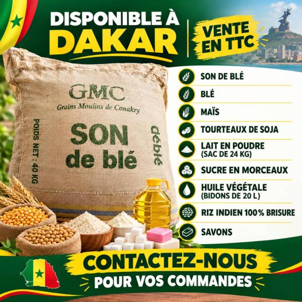  Vendre Son De Blé,blé,maïs,tourteaux Soja - céréales nous sommes une entreprise s&eacute;n&eacute;galaise. nous vendons du son de bl&eacute; (origine guin&eacute;e conakry) bl&eacute; (origine argentine) maïs (origine argentine) tourteaux de soja. contactez nous pour plus de renseignements. pas s&eacute;rieux s'abstenir !